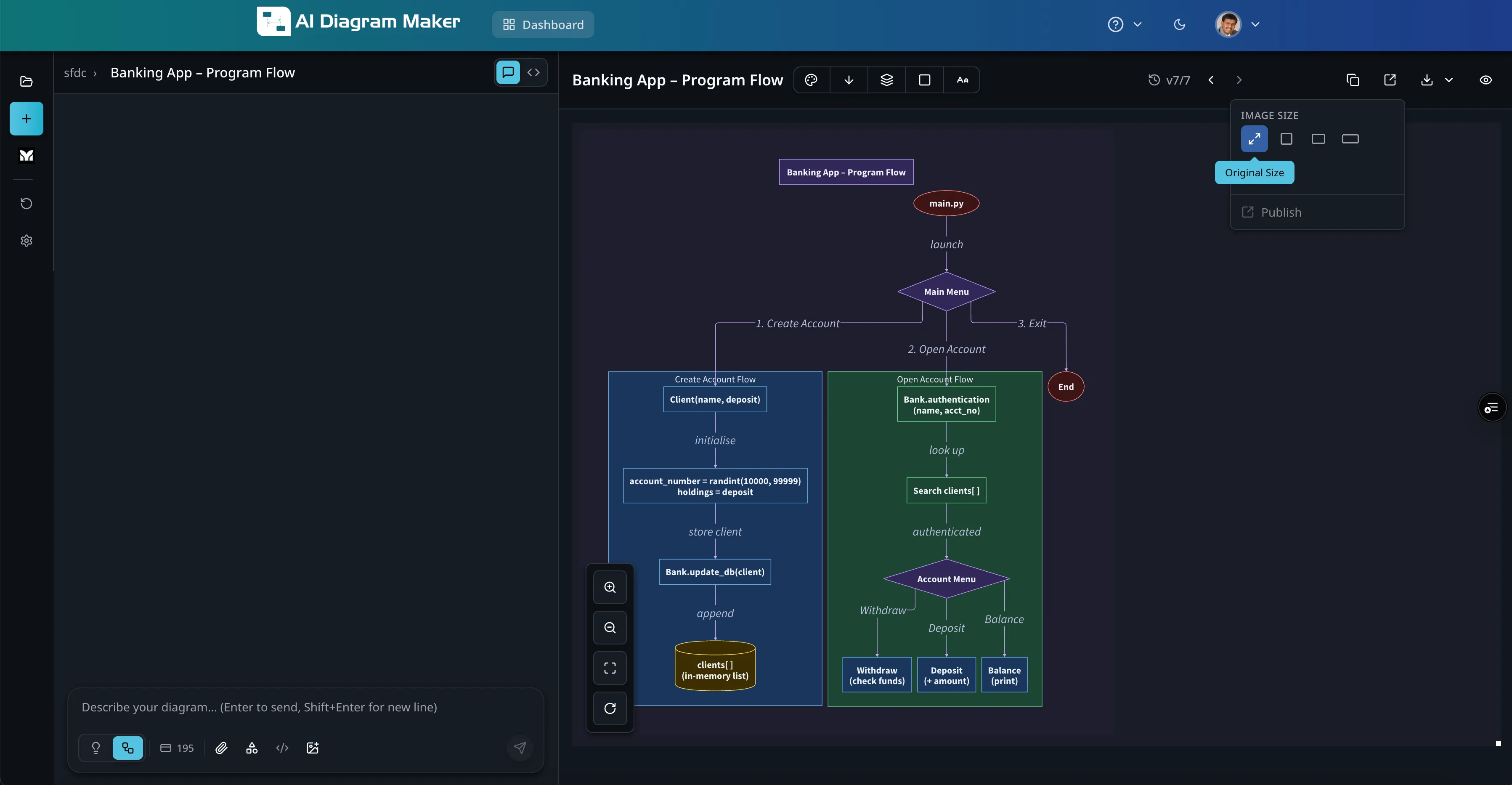 AI Diagram Maker creating a shareable link for the finished banking flowchart
