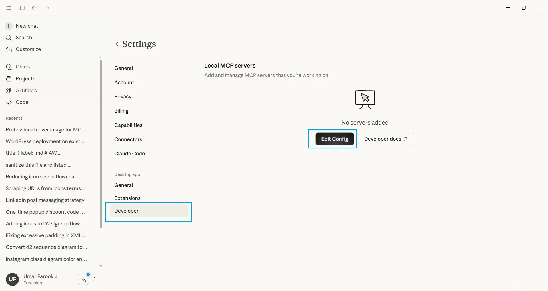 Claude Developer settings