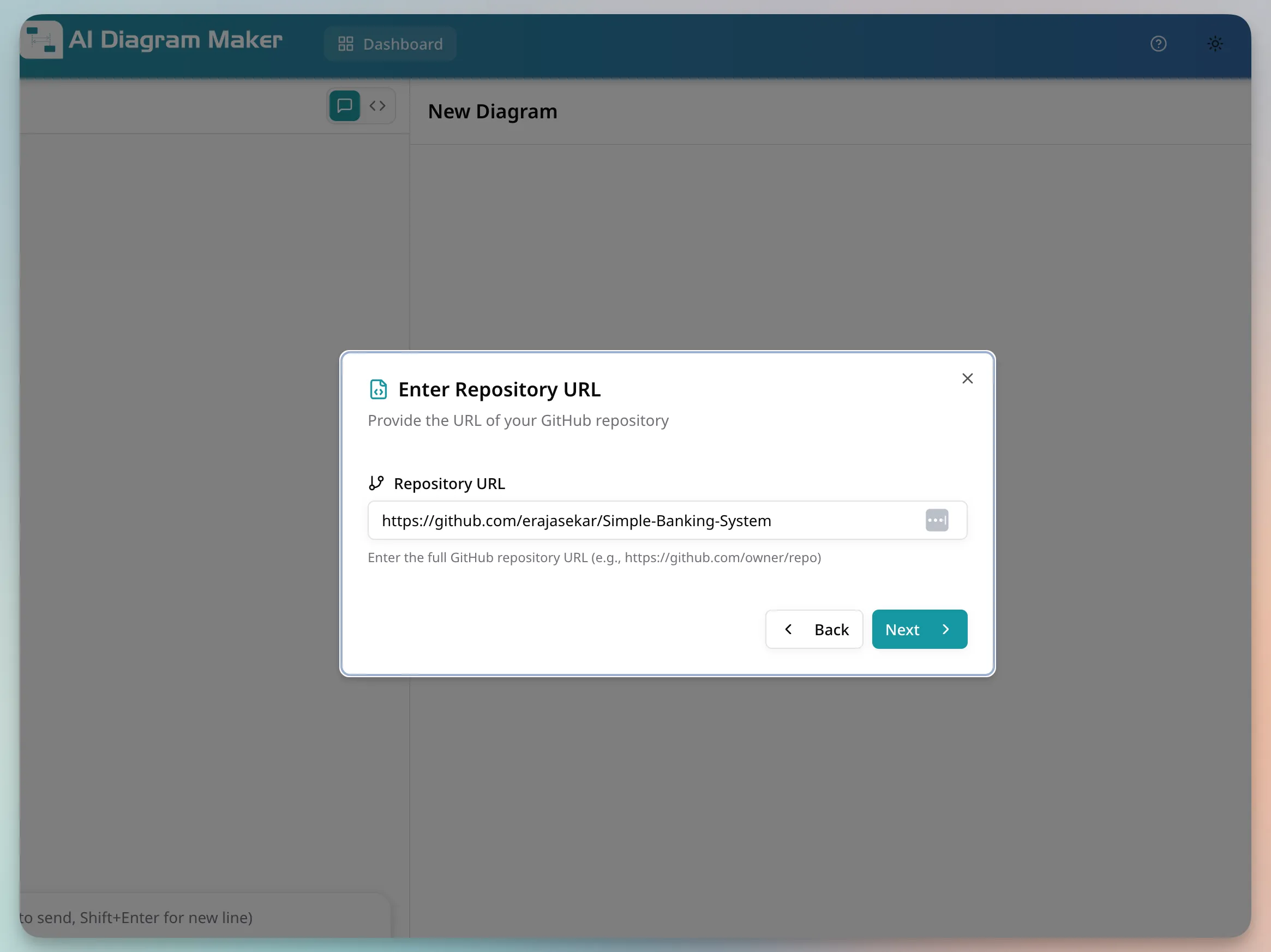 AI Diagram Maker code-to-diagram: entering the GitHub repository URL
