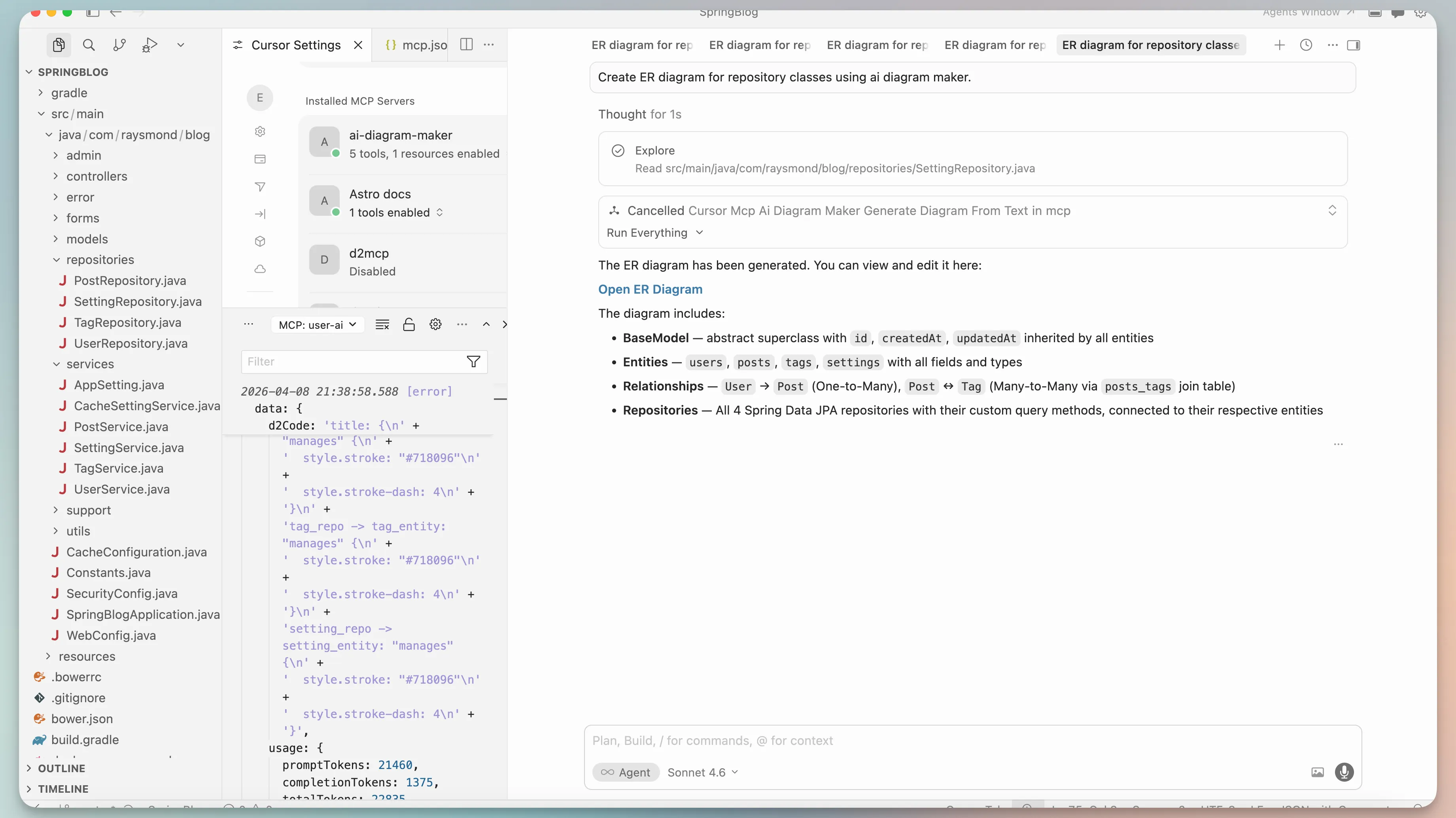 AI Diagram Maker MCP prompt in Cursor chat for the SpringBlog repository