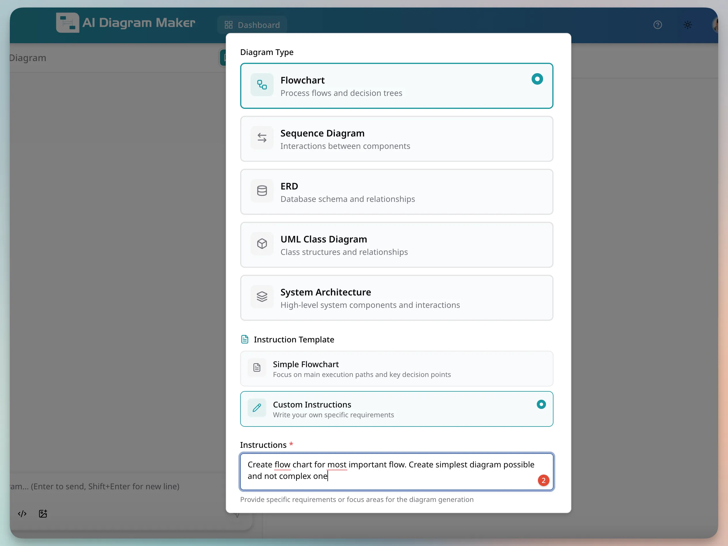 AI Diagram Maker code-to-diagram: selecting the diagram type