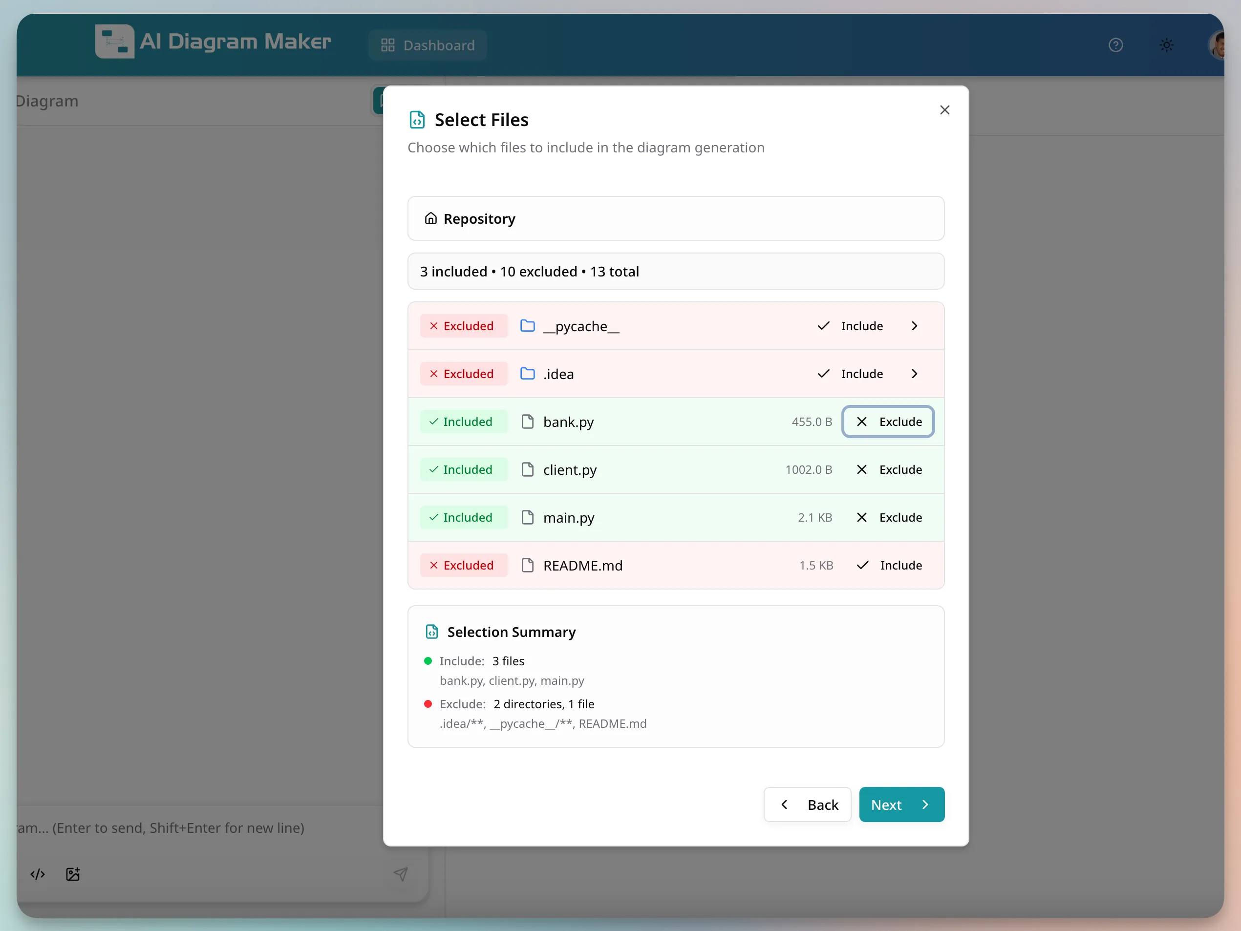 AI Diagram Maker code-to-diagram: selecting files to include