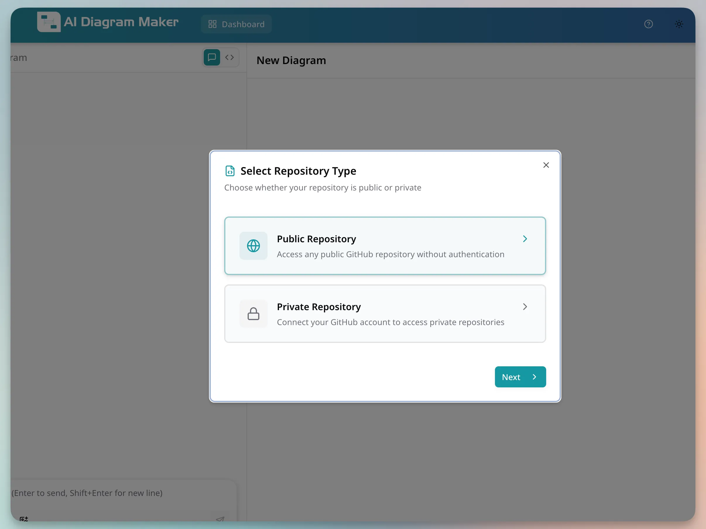 AI Diagram Maker code-to-diagram: selecting the repository type
