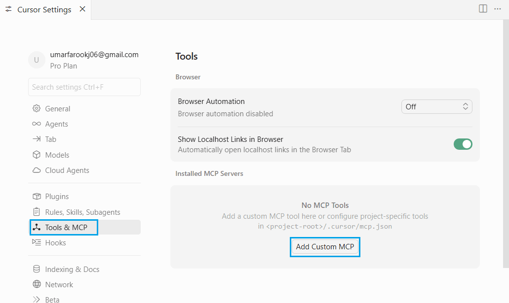 Cursor Settings — Tools & MCP with Add Custom MCP button