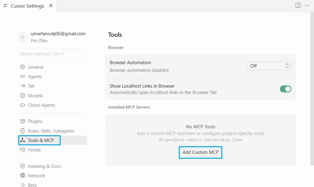 Cursor Settings — Tools & MCP with Add Custom MCP button