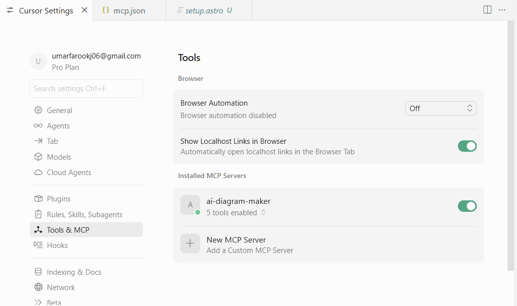 Installed MCP Servers list showing ai-diagram-maker with 5 tools enabled