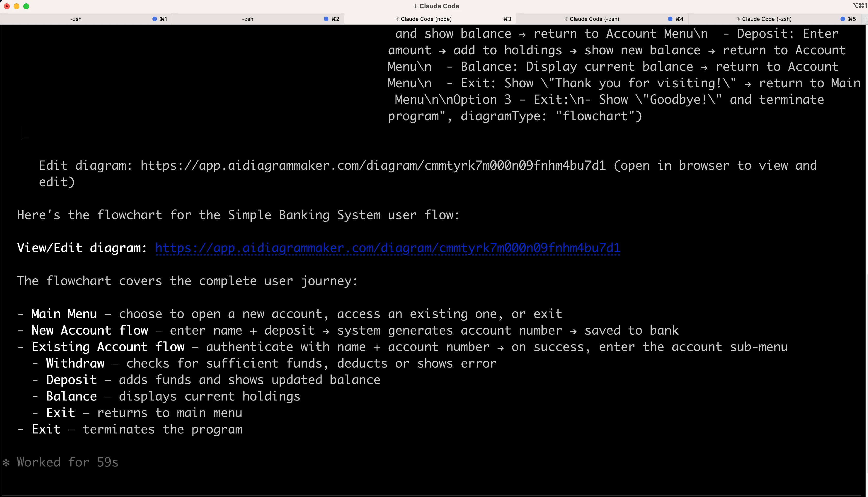 Claude Code returning the generated diagram link for the banking flowchart