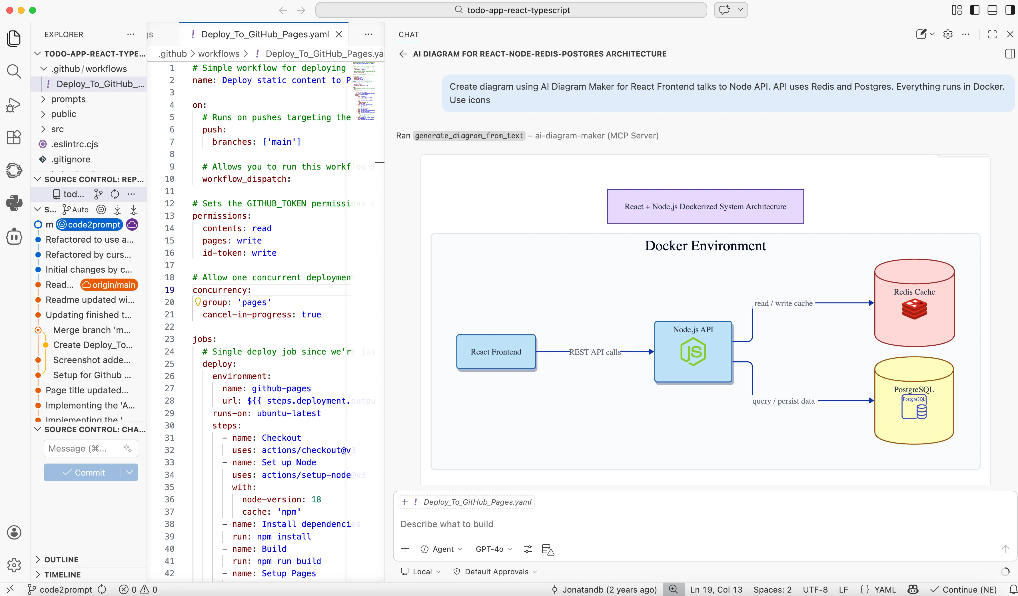 VS Code generating a Docker-based architecture diagram from a natural-language prompt