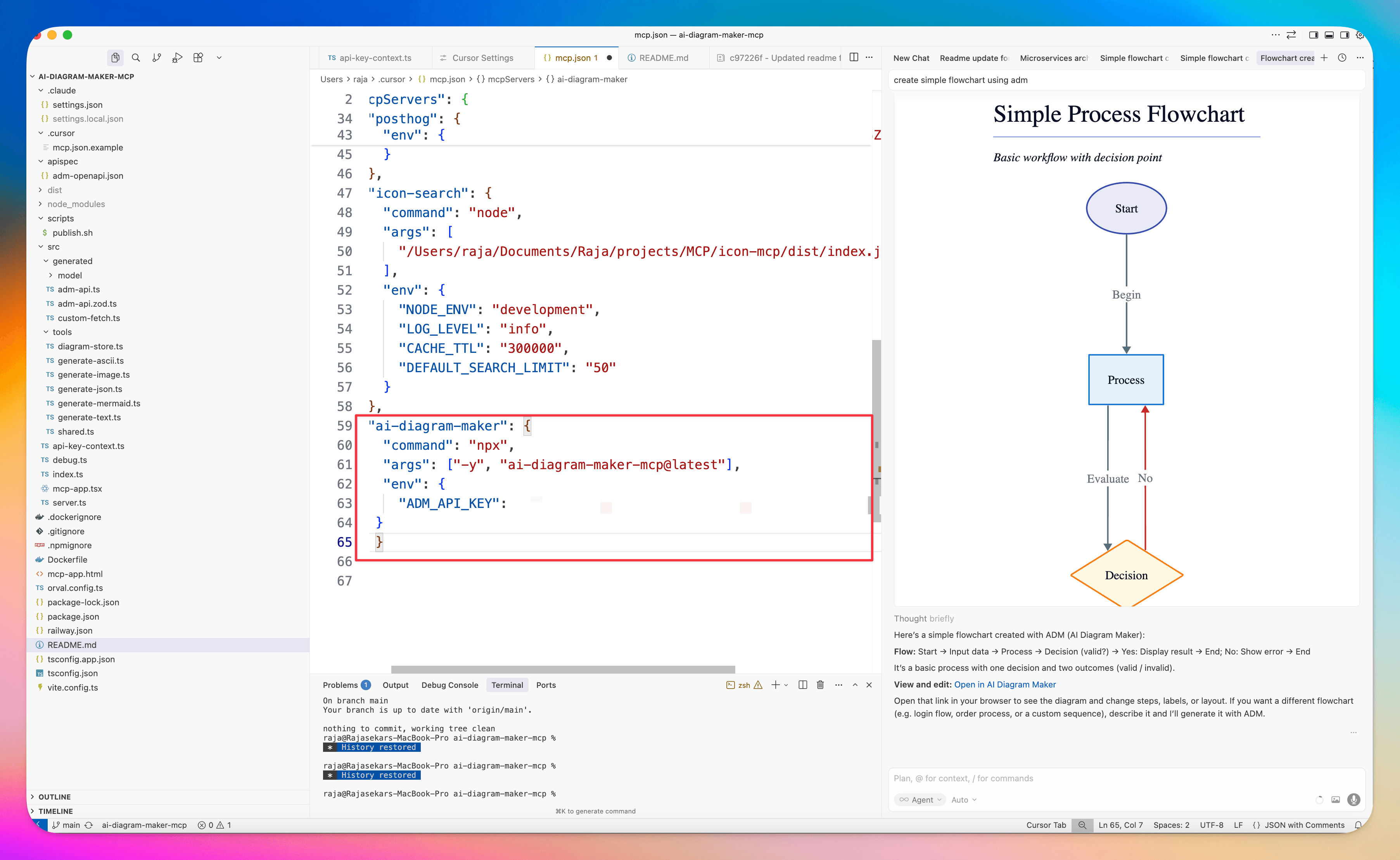 mcp.json file with ai-diagram-maker config and X-ADM-API-Key
