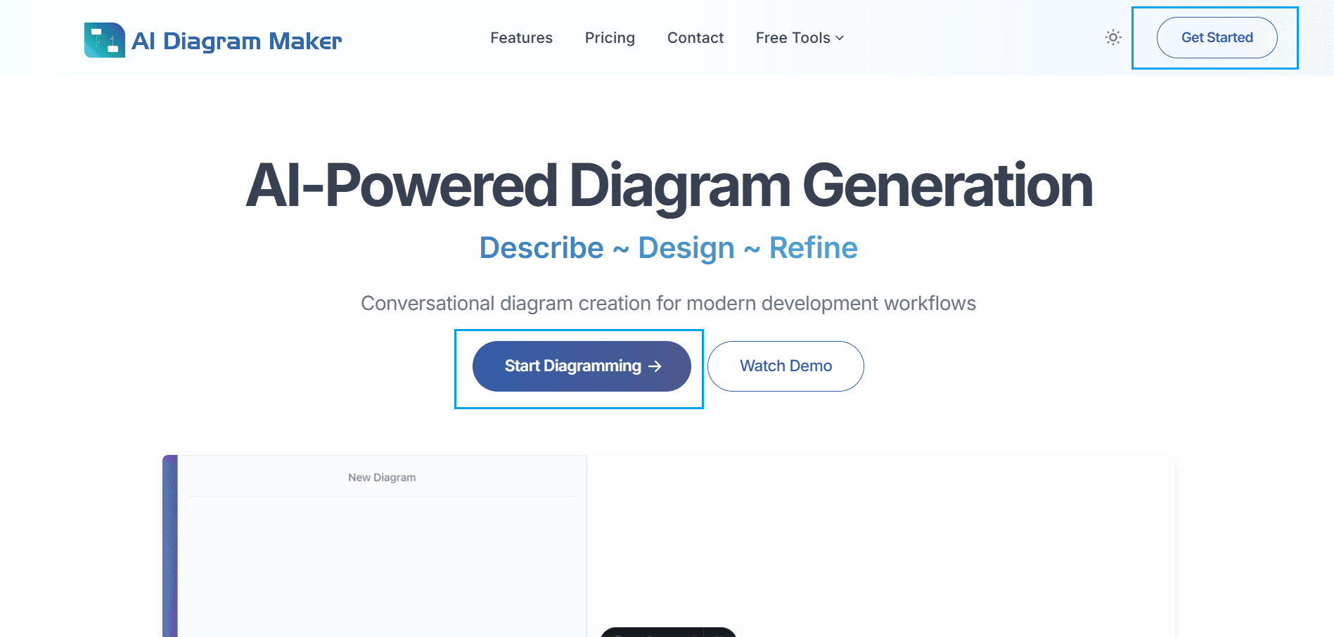 Home page with Get Started options