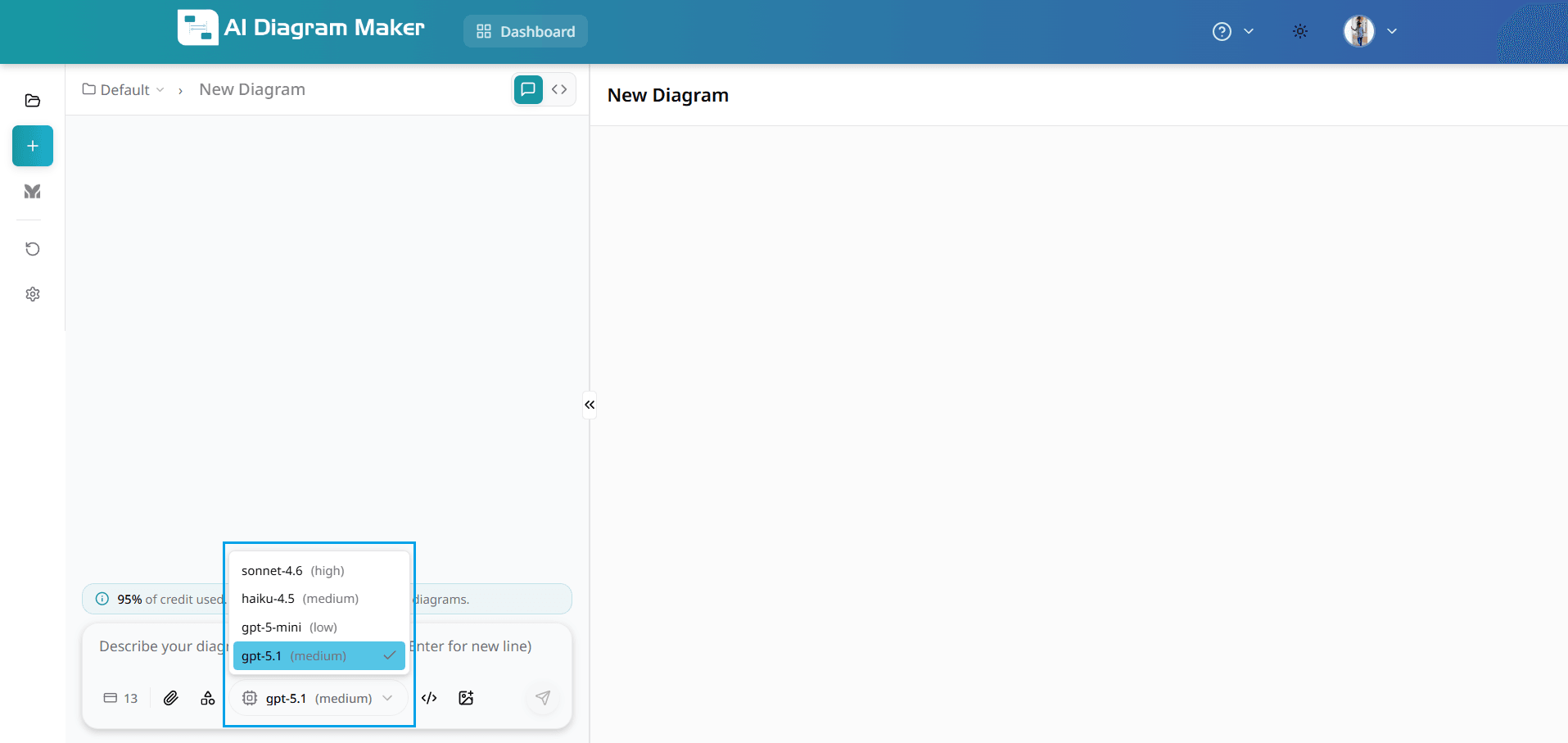 Model selection dropdown in chat input with available AI models