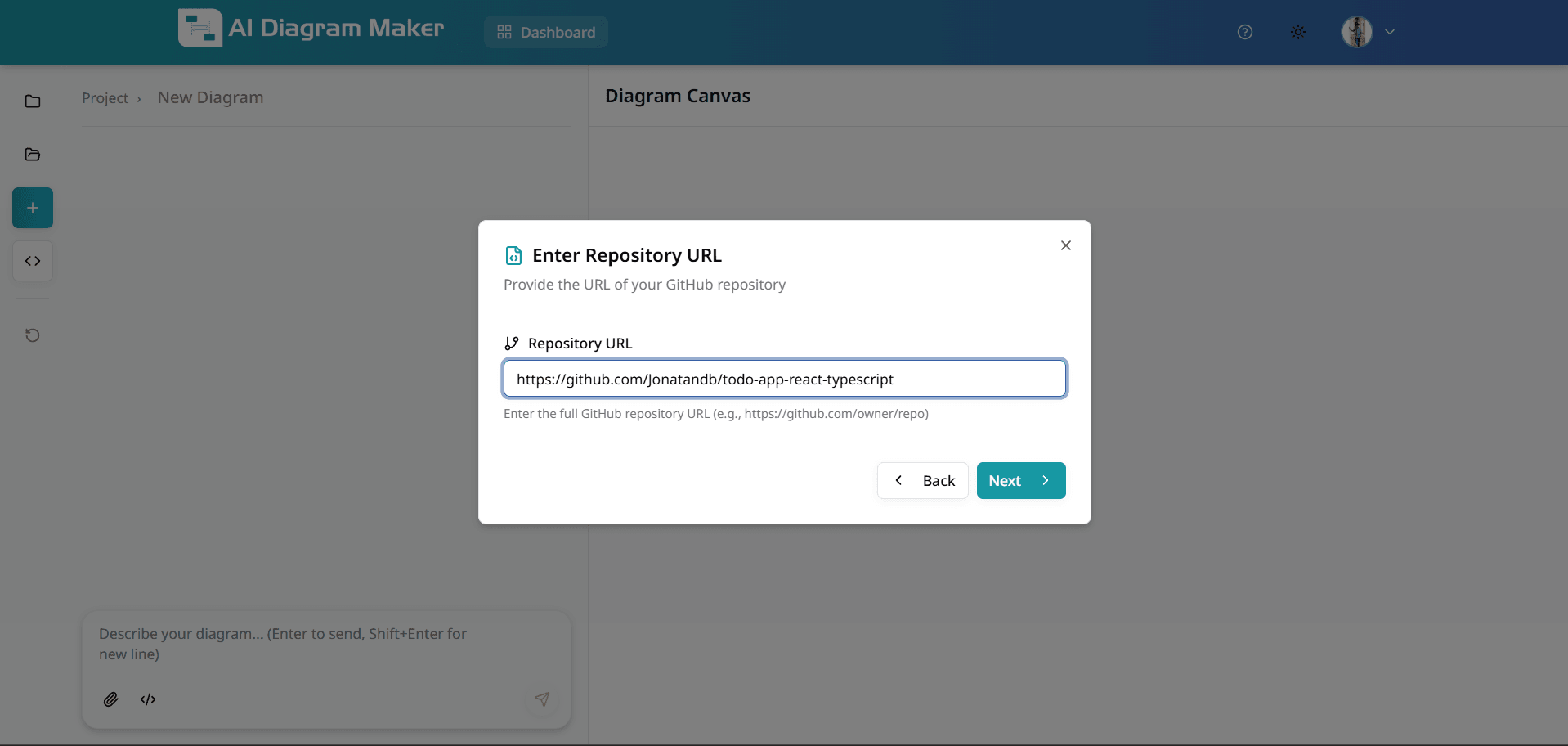 Repository URL entered in input field