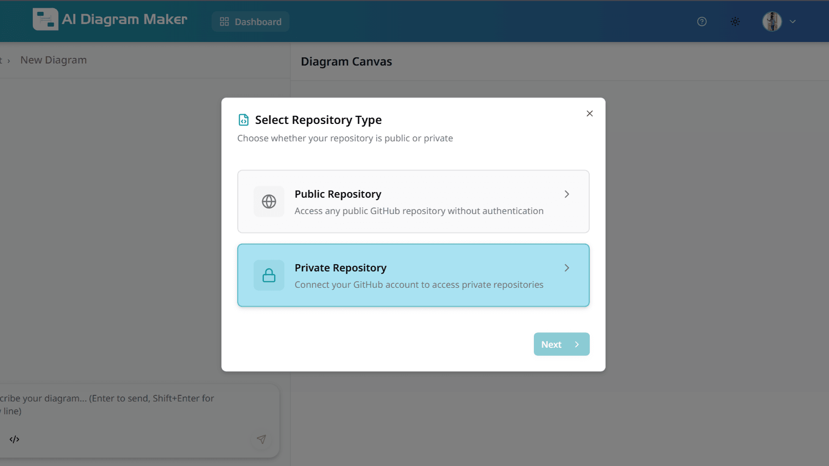 Private repository type selected