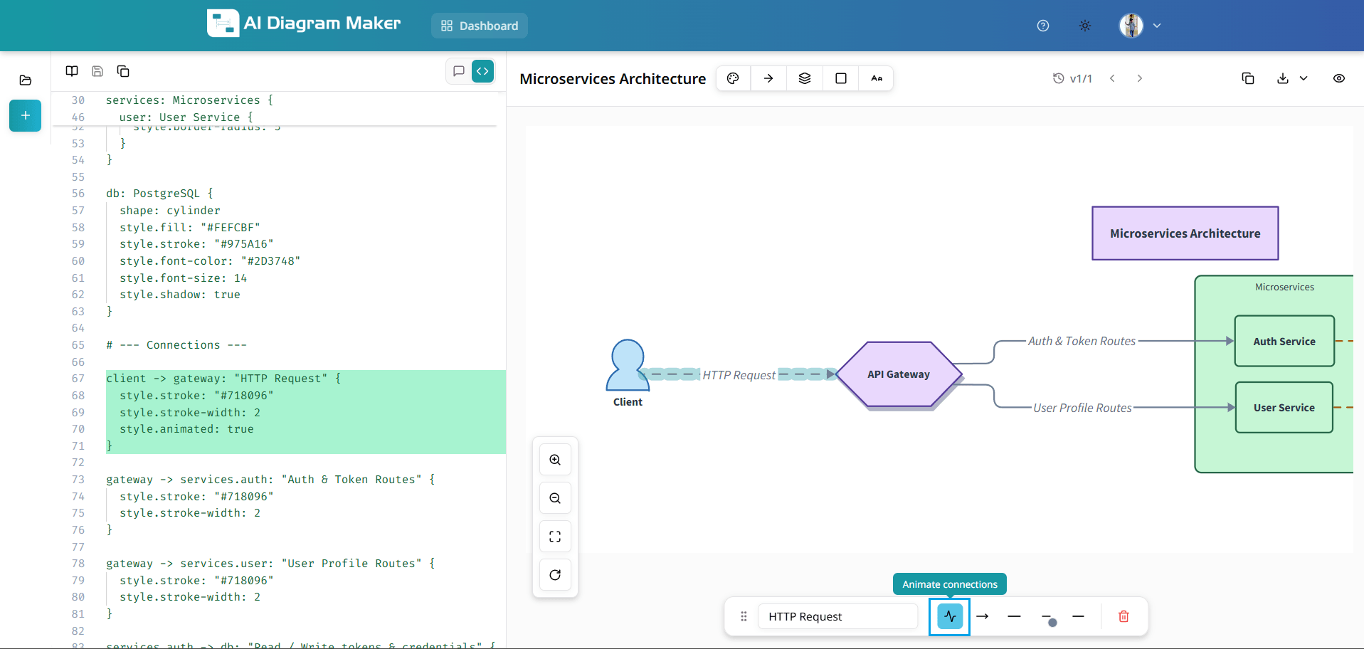 Bottom bar with Animate connections option for selected connection