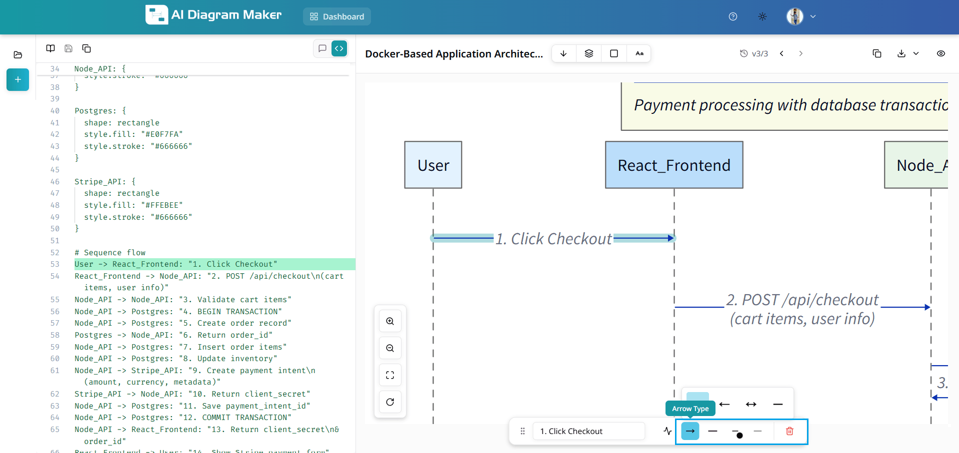 Bottom bar with connection properties: arrow type, line style, line color, width, and delete