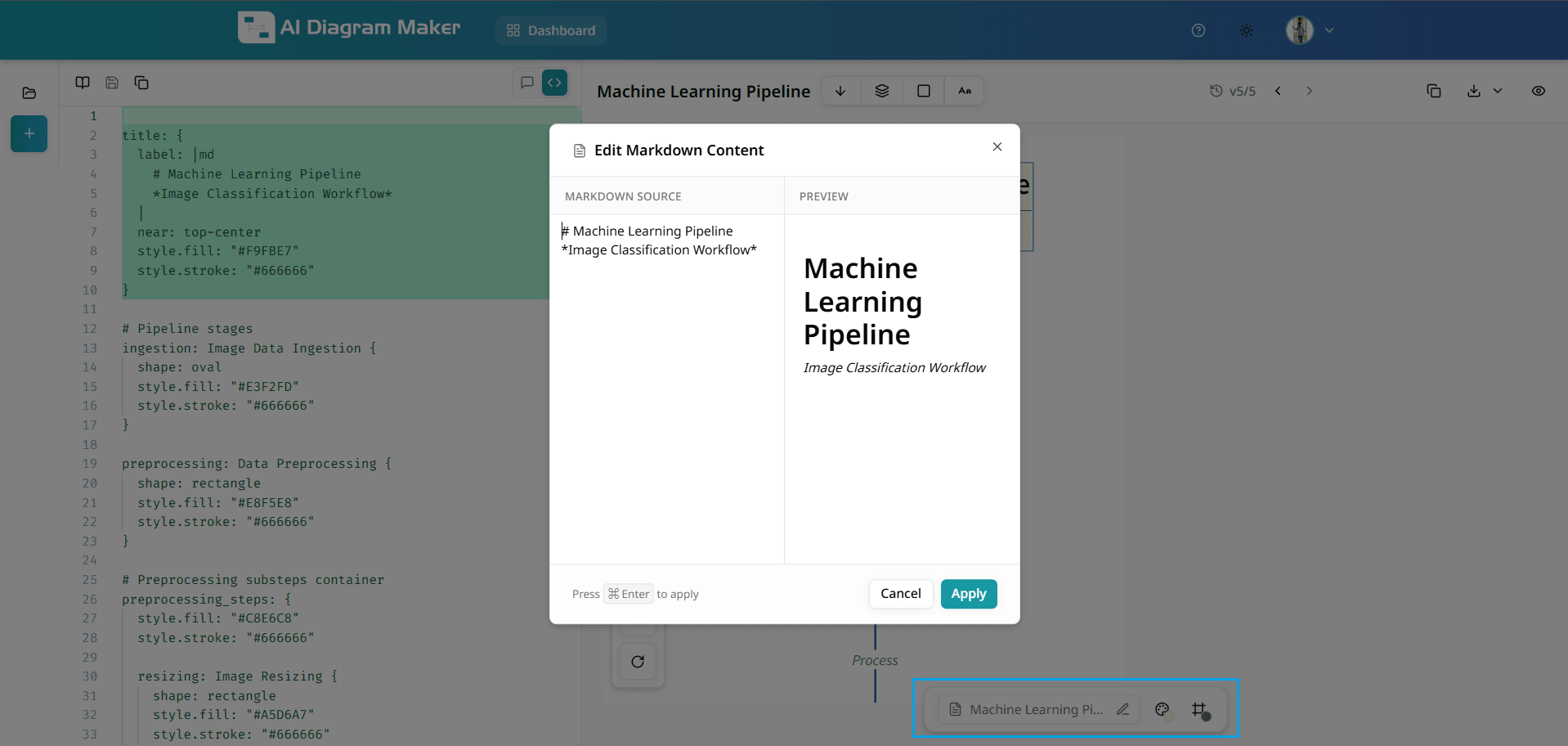 Markdown content selected with label edit and color picker for background and border