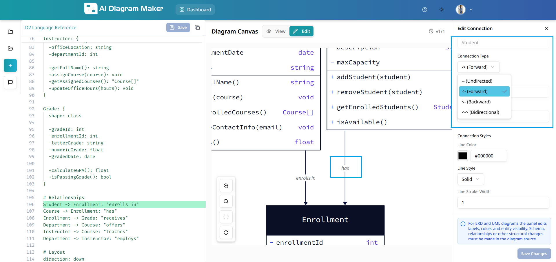 Widget panel showing connection type and label editing controls for UML diagram