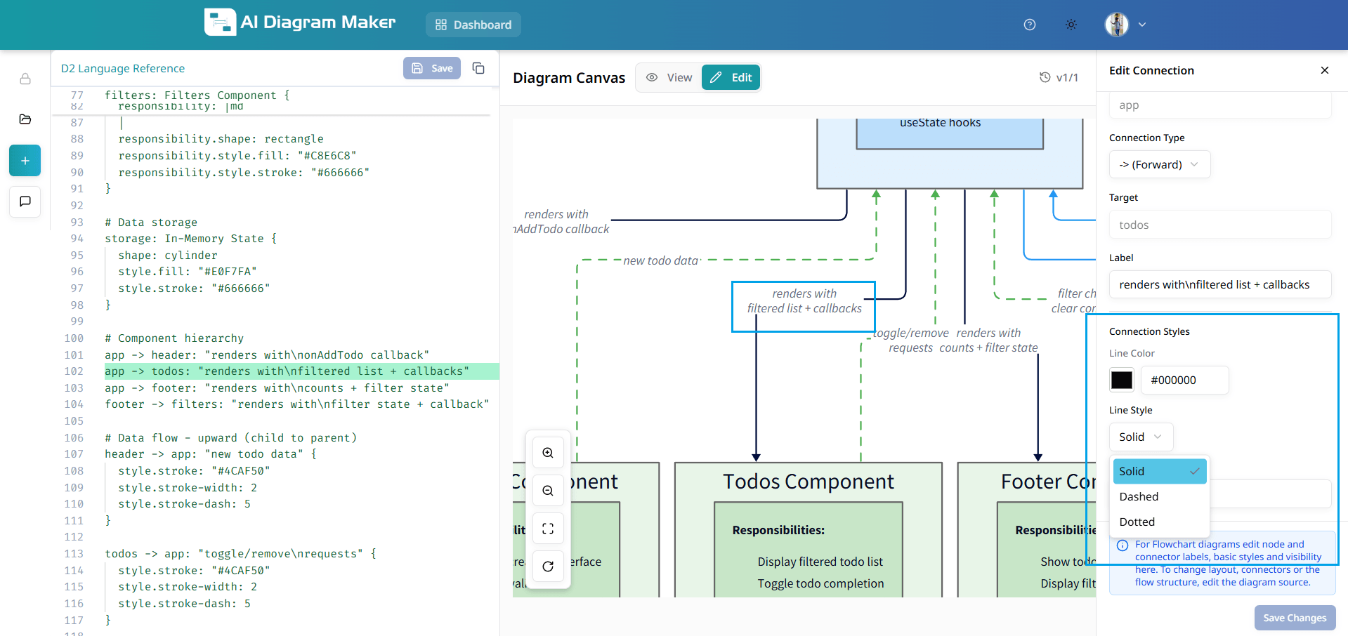 Widget panel showing line color, line style, and stroke width controls for architecture diagram connection