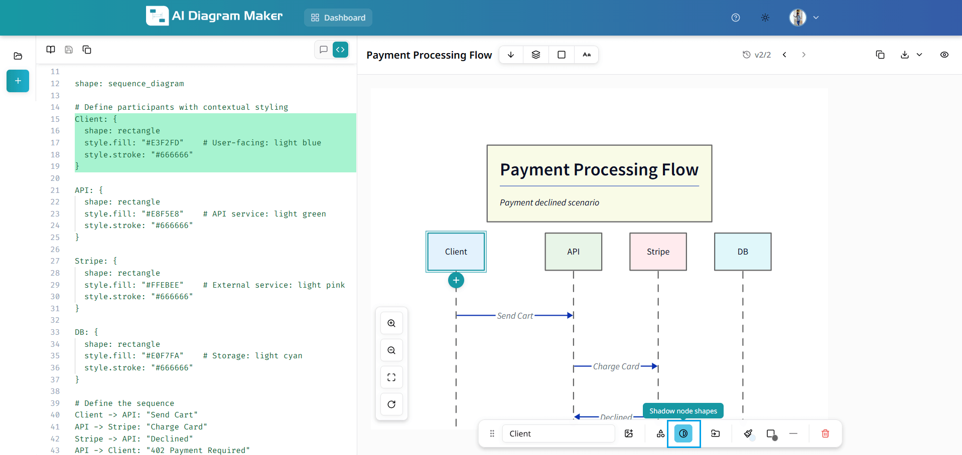 Bottom draggable bar with shadow option for selected node
